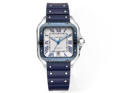 THB Factory Santos De Cartier 39.8*47.5mm 316L Steel White/Blue Face Rubber Strap Men Watch